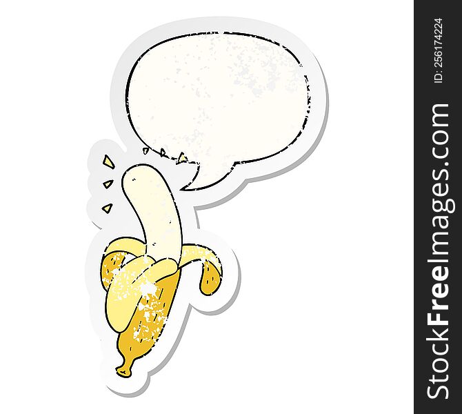 cartoon banana with speech bubble distressed distressed old sticker. cartoon banana with speech bubble distressed distressed old sticker
