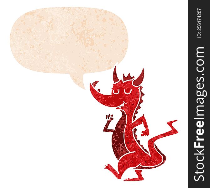 Cartoon Cute Dragon And Speech Bubble In Retro Textured Style