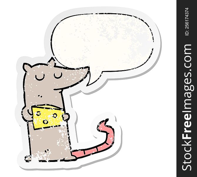 cartoon mouse and cheese and speech bubble distressed sticker