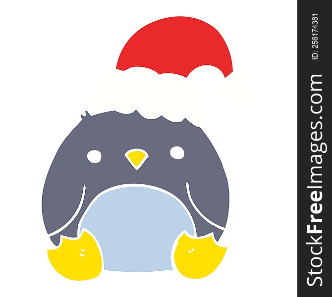 Cute Flat Color Style Cartoon Penguin Wearing Christmas Hat