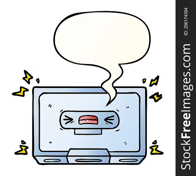 cartoon angry old cassette tape with speech bubble in smooth gradient style