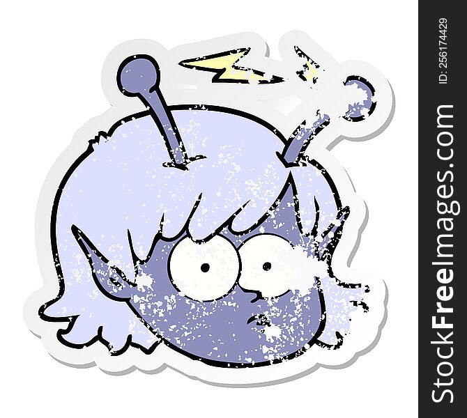 distressed sticker of a cartoon telepathic alien space girl face