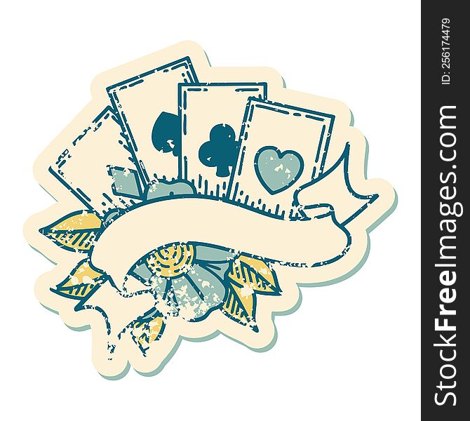 Distressed Sticker Tattoo Style Icon Of Cards And Banner