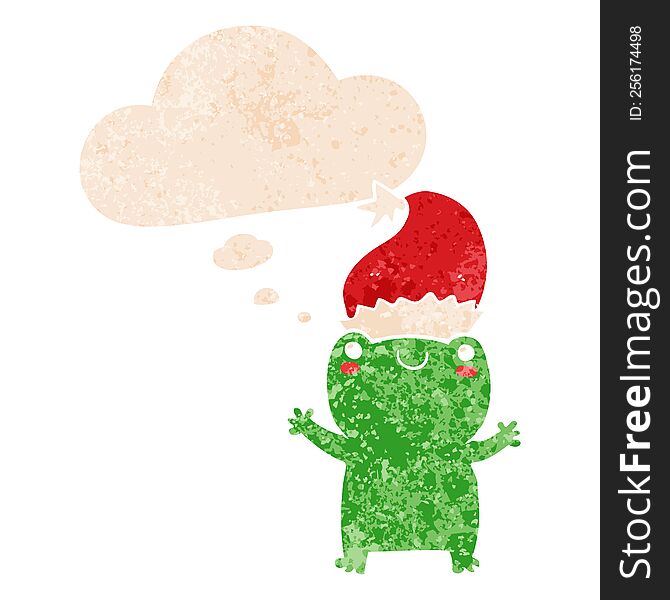 Cute Christmas Frog And Thought Bubble In Retro Textured Style