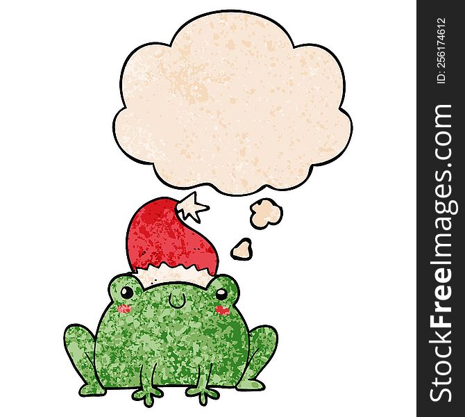 Cute Cartoon Christmas Frog And Thought Bubble In Grunge Texture Pattern Style