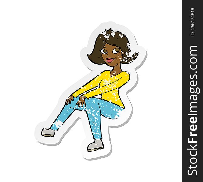 Retro Distressed Sticker Of A Cartoon Happy Woman Sitting