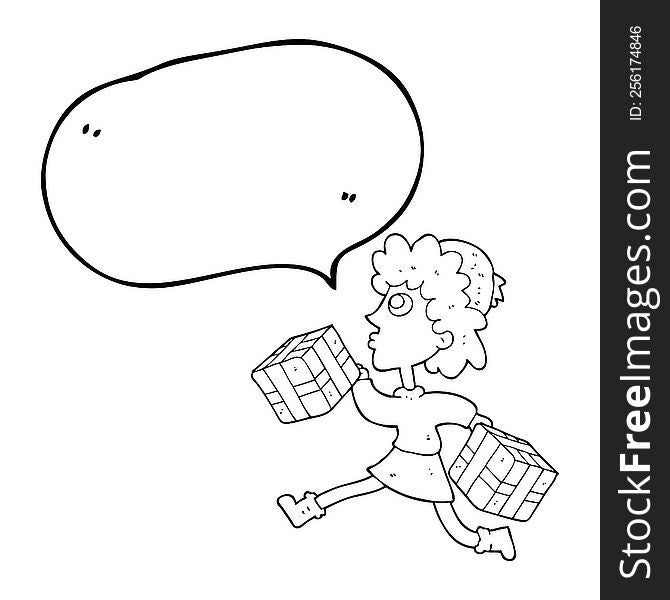 freehand drawn speech bubble cartoon running woman with presents