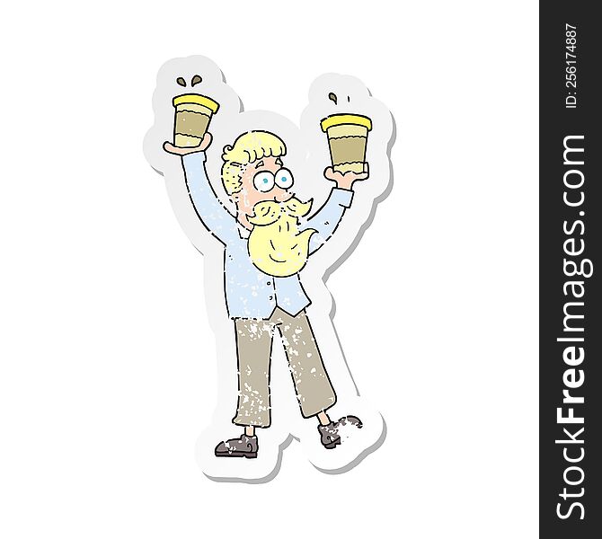 retro distressed sticker of a cartoon man with coffee cups