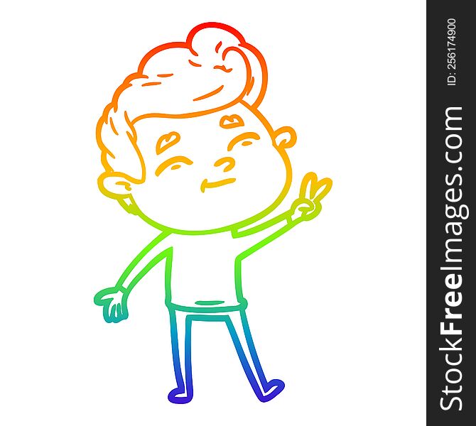 rainbow gradient line drawing of a happy cartoon man giving a peace sign