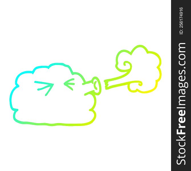 cold gradient line drawing of a cartoon cloud blowing a gale