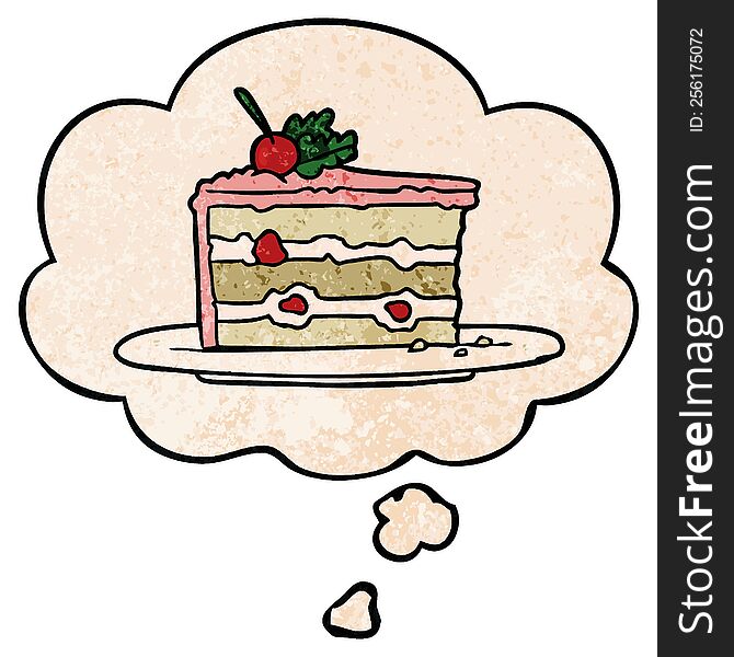 Cartoon Dessert Cake And Thought Bubble In Grunge Texture Pattern Style