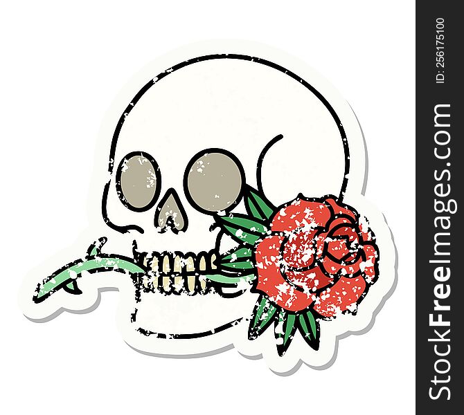 distressed sticker tattoo in traditional style of a skull and rose. distressed sticker tattoo in traditional style of a skull and rose
