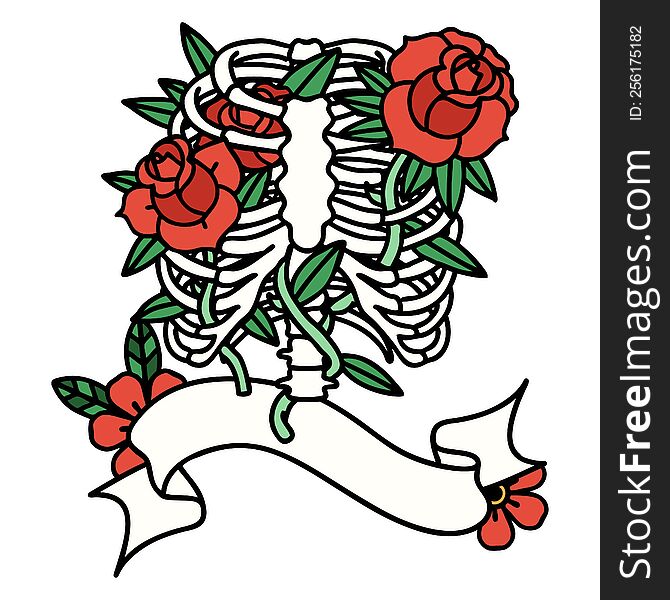 Tattoo With Banner Of A Rib Cage And Flowers