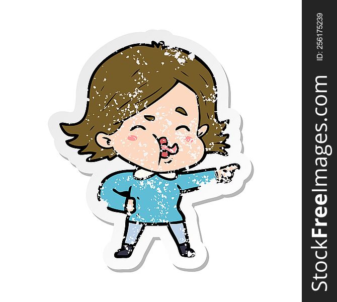 distressed sticker of a cartoon girl pulling face