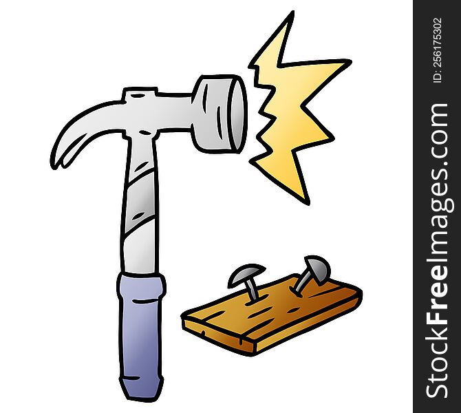 hand drawn gradient cartoon doodle of a hammer and nails