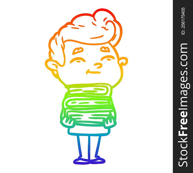 rainbow gradient line drawing of a happy cartoon man with stack of new books