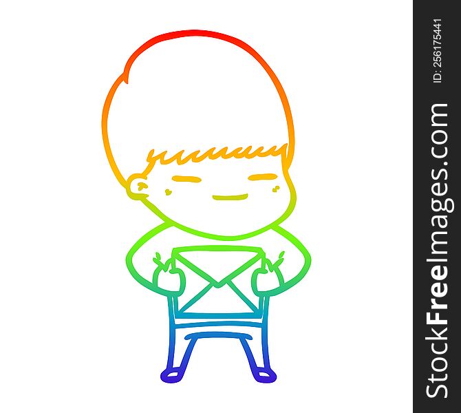 Rainbow Gradient Line Drawing Cartoon Smug Boy Carrying Present