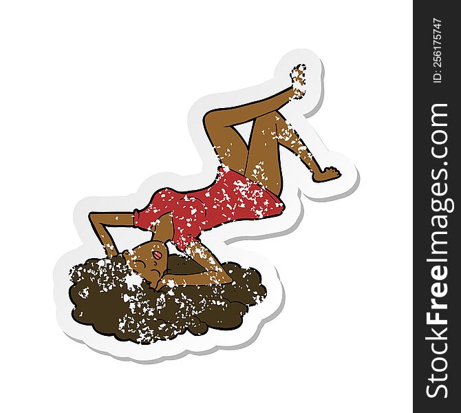 Retro Distressed Sticker Of A Cartoon Woman Lying On Floor