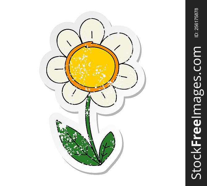 distressed sticker of a quirky hand drawn cartoon daisy