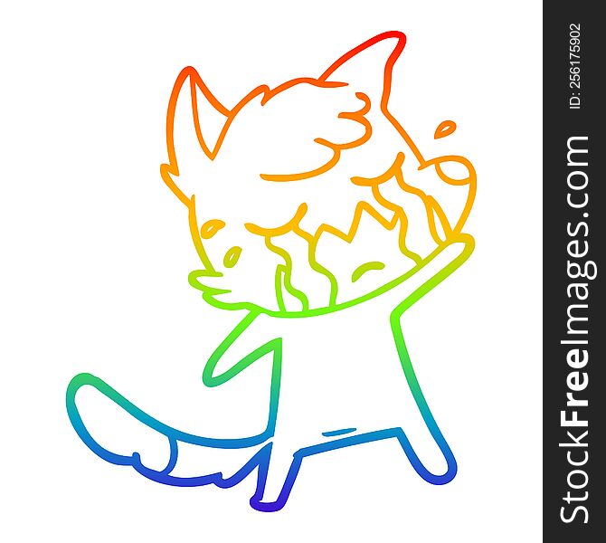Rainbow Gradient Line Drawing Crying Waving Fox Cartoon
