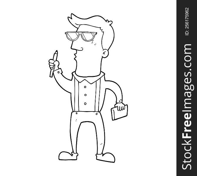 freehand drawn black and white cartoon man with notebook