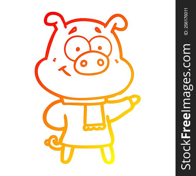 warm gradient line drawing of a happy cartoon pig wearing warm clothes
