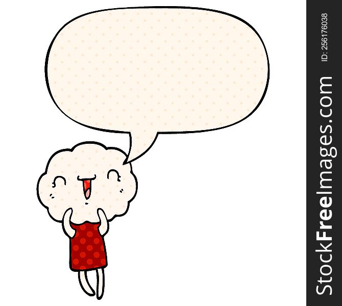 Cute Cartoon Cloud Head Creature And Speech Bubble In Comic Book Style