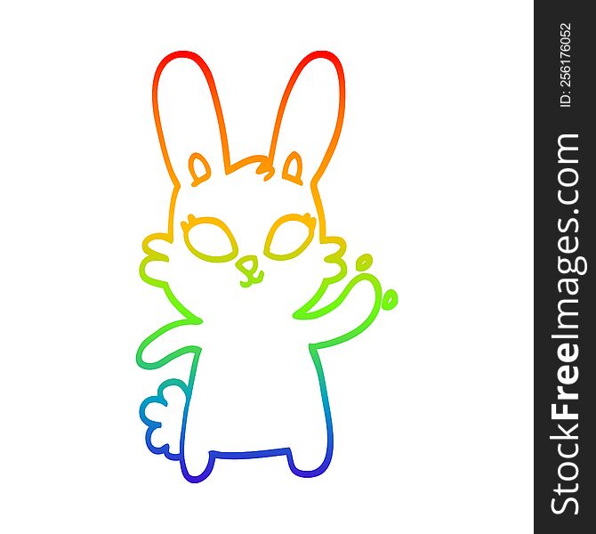 rainbow gradient line drawing of a cute cartoon rabbit waving