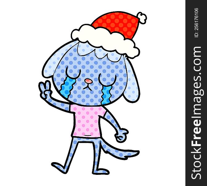 Cute Comic Book Style Illustration Of A Dog Crying Wearing Santa Hat