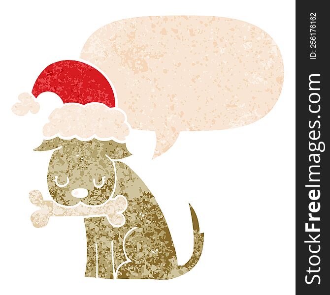 Cute Christmas Dog And Speech Bubble In Retro Textured Style
