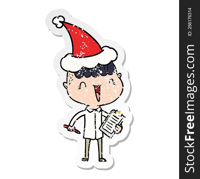 Distressed Sticker Cartoon Of A Happy Boy Surprised Wearing Santa Hat