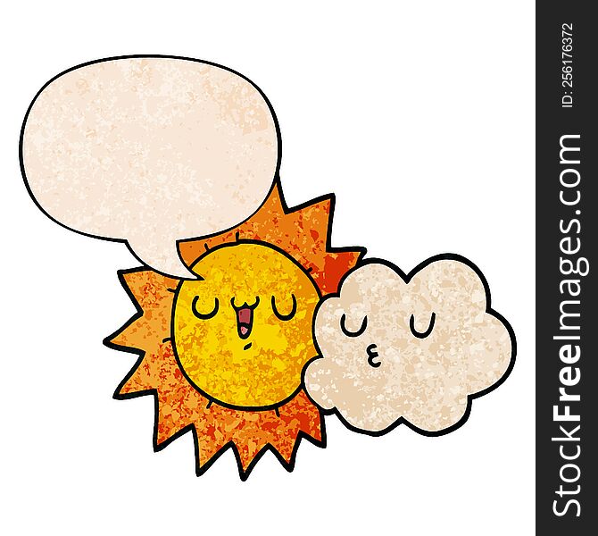 Cartoon Sun And Cloud And Speech Bubble In Retro Texture Style