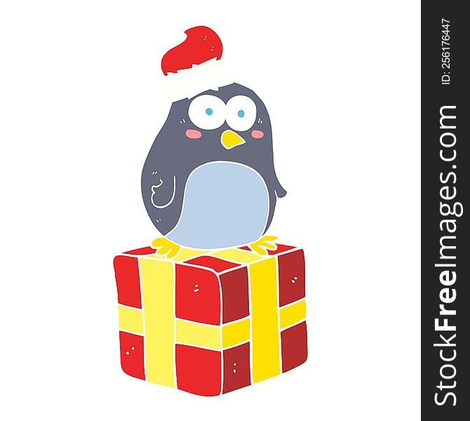 Flat Color Illustration Of A Cartoon Christmas Penguin