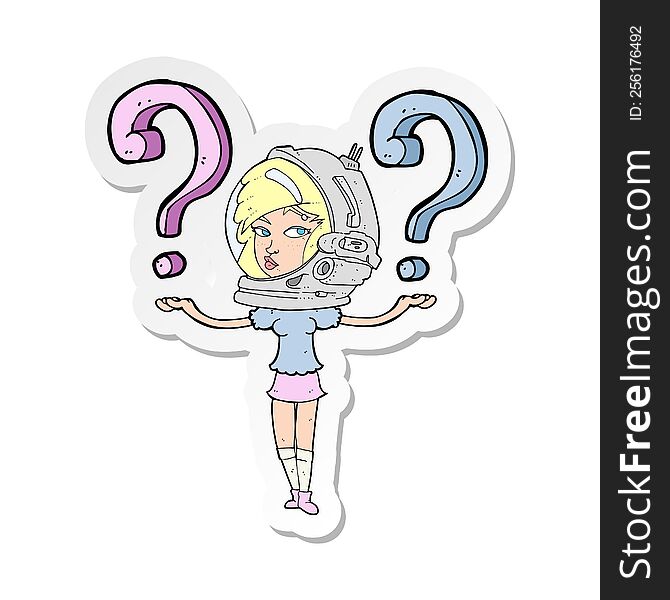 sticker of a cartoon spacewoman asking questions