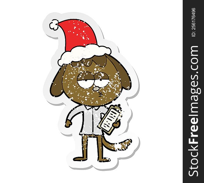 distressed sticker cartoon of a bored dog in office clothes wearing santa hat