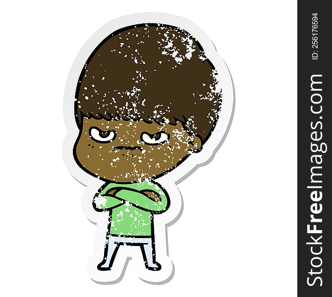 distressed sticker of a cartoon angry boy
