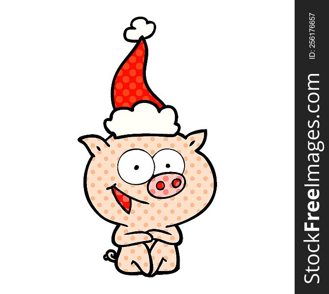 cheerful sitting pig comic book style illustration of a wearing santa hat