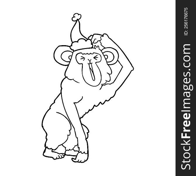 Line Drawing Of A Chimp Scratching Head Wearing Santa Hat