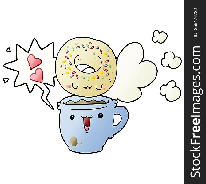 Cute Cartoon Donut And Coffee And Speech Bubble In Smooth Gradient Style