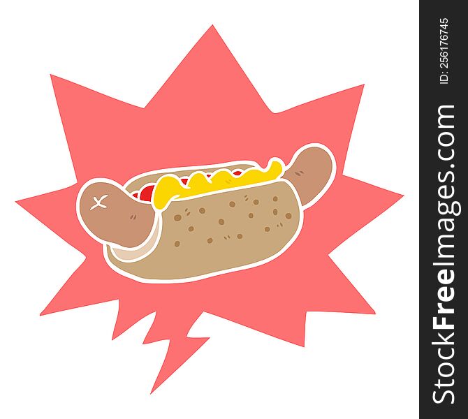 cartoon fresh tasty hot dog with speech bubble in retro style