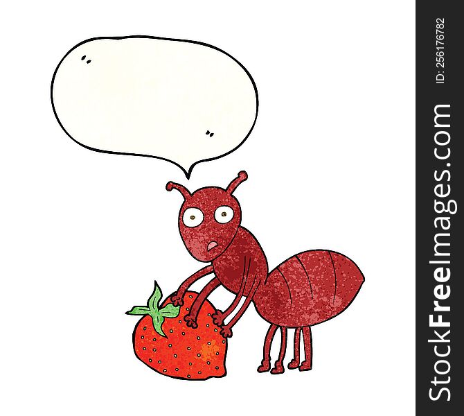 freehand speech bubble textured cartoon ant with berry