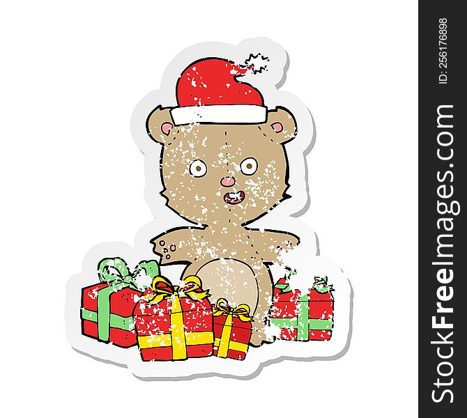 Retro Distressed Sticker Of A Cartoon Christmas Teddy Bear
