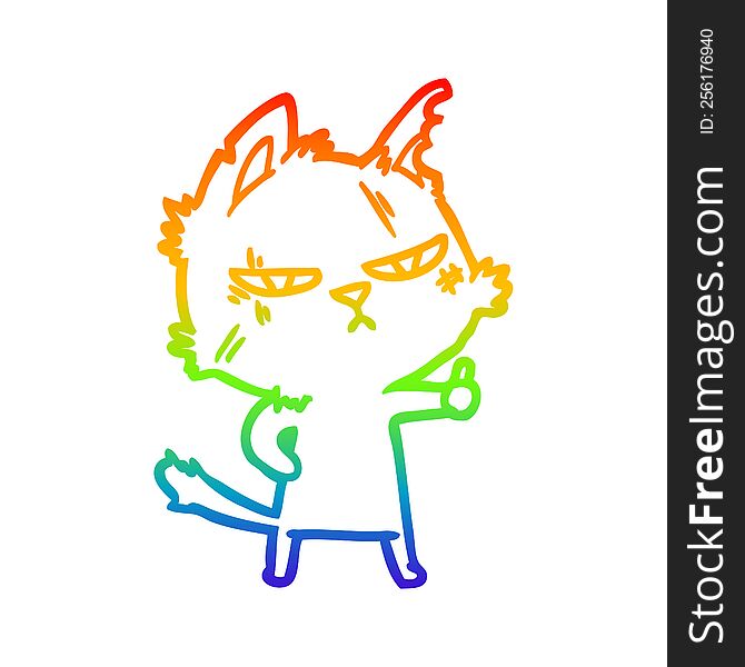 rainbow gradient line drawing of a tough cartoon cat giving thumbs up symbol