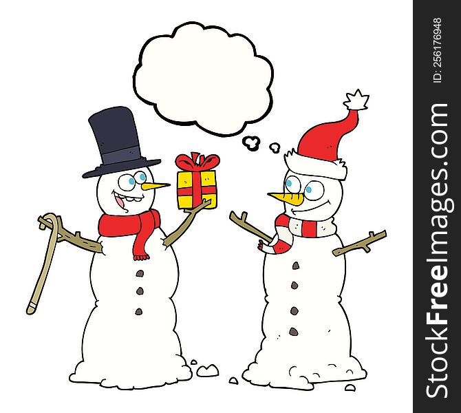 Thought Bubble Cartoon Snowmen Exchanging Gifts