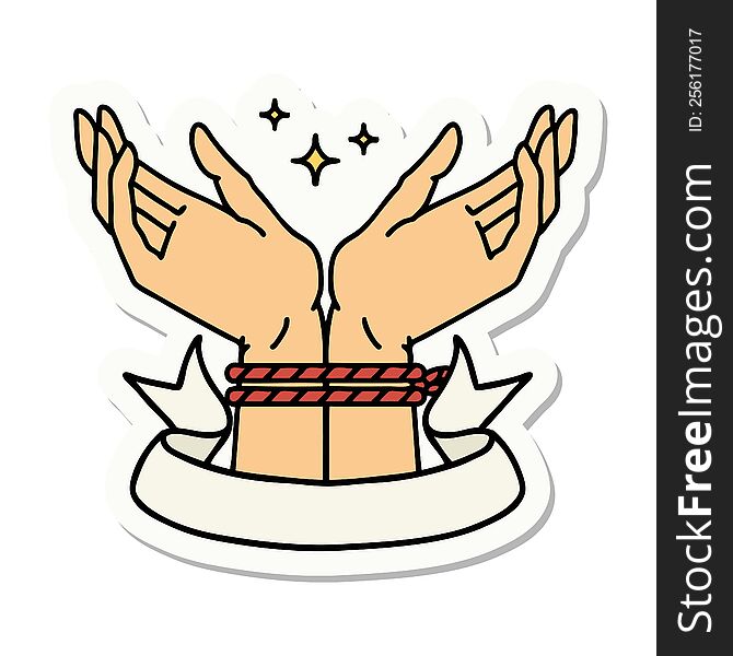 tattoo style sticker with banner of a pair of tied hands