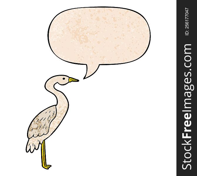 cartoon stork with speech bubble in retro texture style
