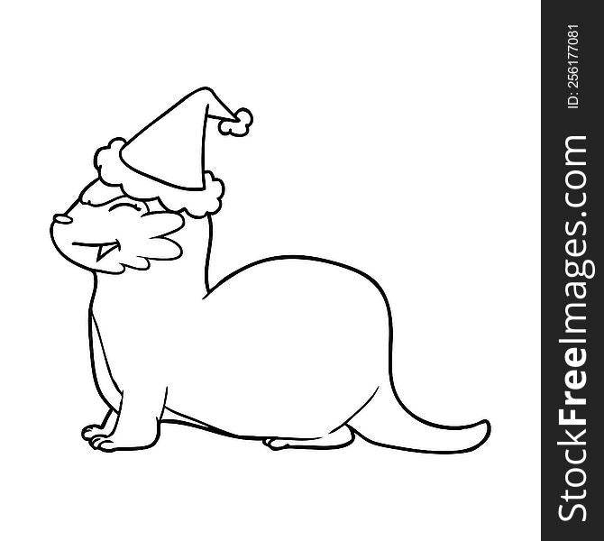 laughing otter hand drawn line drawing of a wearing santa hat. laughing otter hand drawn line drawing of a wearing santa hat