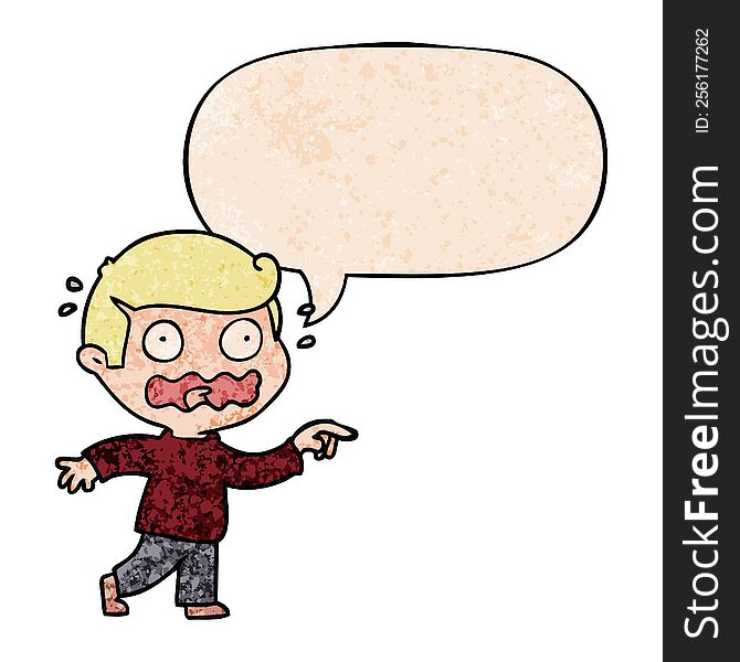 cartoon stressed out pointing with speech bubble in retro texture style