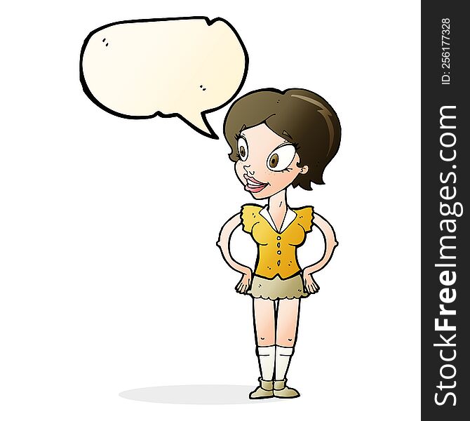 cartoon happy woman in short skirt with speech bubble