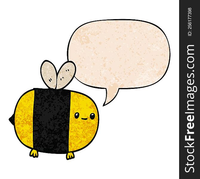 Cute Cartoon Bee And Speech Bubble In Retro Texture Style